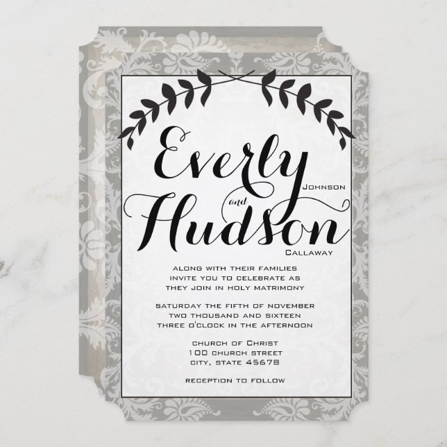 Calligraphy Garland Damask Brown Paper Wedding Invitation (Front/Back)