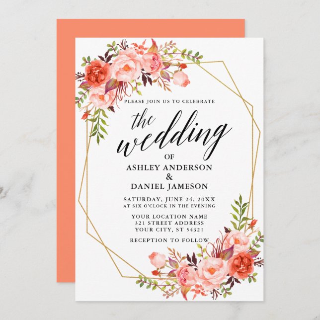 Calligraphy Geometric Coral Floral Wedding Invitation (Front/Back)