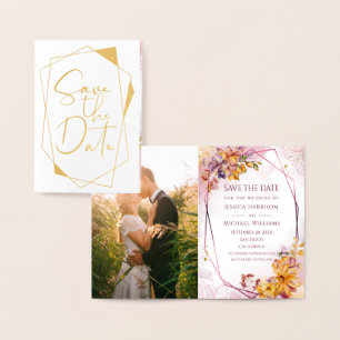 Calligraphy Geometric Marsala Photo Save The Date Foil Card