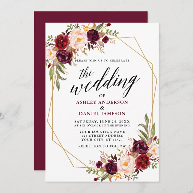 Calligraphy Geometric Wedding Burgundy Floral Invitation (Front/Back)