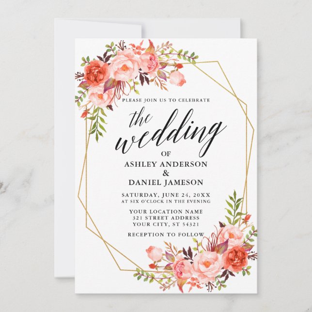 Calligraphy Geometric Wedding Coral Floral Invitation (Front)