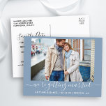 Calligraphy Getting Married Blue Save The Date Postcard<br><div class="desc">Modern Trendy Calligraphy Script Couple Photo We're Getting Married Save The Date Engagement Announcement Postcard - Dusty Blue</div>
