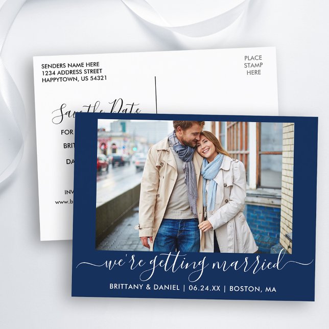 Calligraphy Getting Married Save The Date Blue Postcard (Customize to change text size, text style or background color.)