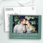 Calligraphy Getting Married Save The Date Green Postcard<br><div class="desc">Modern Trendy Calligraphy Script Couple Photo We're Getting Married Save The Date Engagement Announcement Postcard - Eucalyptus Green</div>