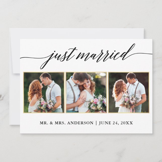 Calligraphy Gold 3 Photo Just Married Card (Front)