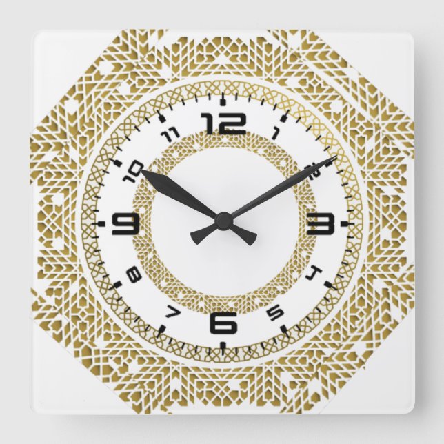Calligraphy gold and white square wall clock (Front)