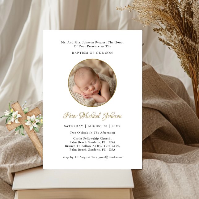 Calligraphy Gold Baby Boy Or Girl Baptism Photo Invitation (Creator Uploaded)