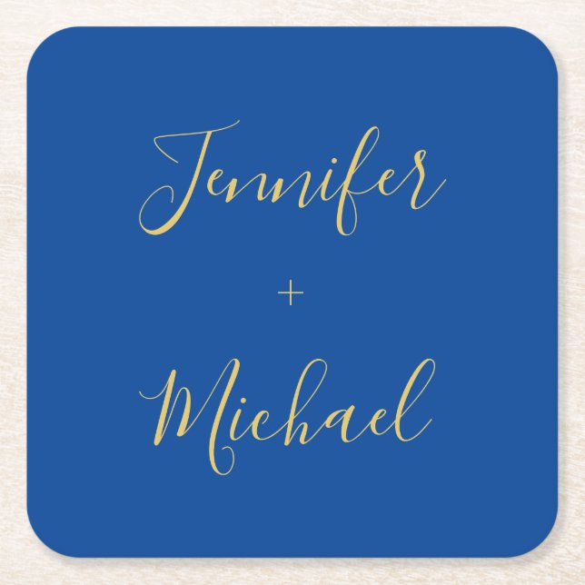 Calligraphy Gold Blue Colour Custom Personal Edit Square Paper Coaster (Front)