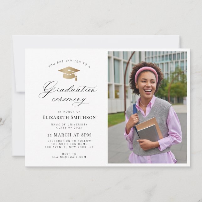 Calligraphy gold cap photo graduation ceremony invitation (Front)