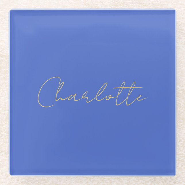 Calligraphy Gold Colour Deep Royal Custom Name Glass Coaster (Front)