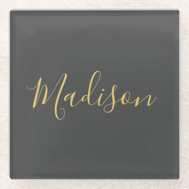 Calligraphy Gold Colour Grey Custom Personal Edit Glass Coaster (Front)