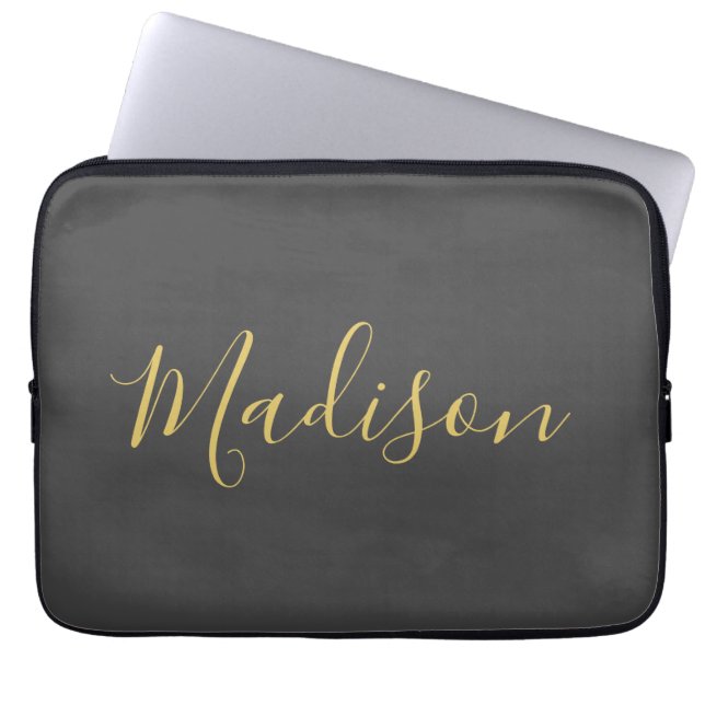 Calligraphy Gold Colour Grey Custom Personal Edit Laptop Sleeve (Front)