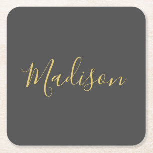 Calligraphy Gold Colour Grey Custom Personal Edit Square Paper Coaster