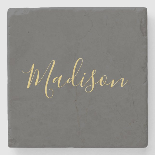 Calligraphy Gold Colour Grey Custom Personal Edit Stone Coaster (Front)
