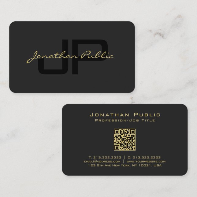 Calligraphy Gold Text Name Script Luxury QR Code Business Card (Front/Back)