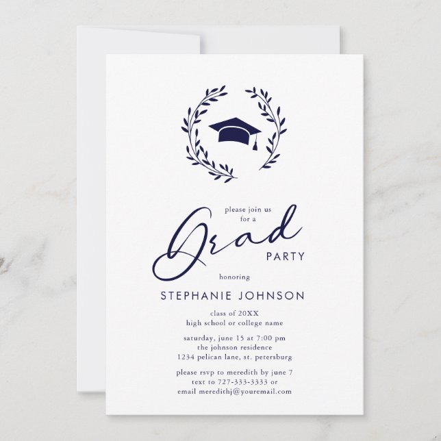 Calligraphy Grad Cap Wreath Navy Graduation Party Invitation (Front)
