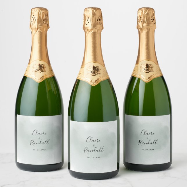 Calligraphy Green and White Wedding   Sparkling Wine Label (Bottles)