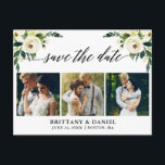 Calligraphy Green Floral Save The Date 3 Photo Announcement Postcard<br><div class="desc">Modern Calligraphy Script,  Watercolor Green White Floral,  Save The Date Engagement Announcement Couple 3 Photo Postcard</div>