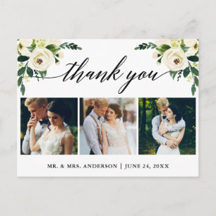 Calligraphy Green Floral Wedding Photo Thank You Postcard