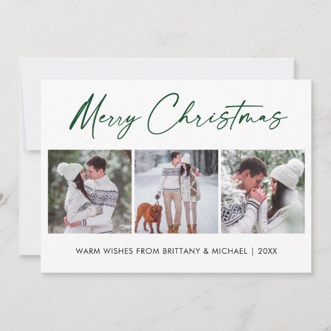 Calligraphy Green Ink 3 Photo Couple Christmas Holiday Card (Front)