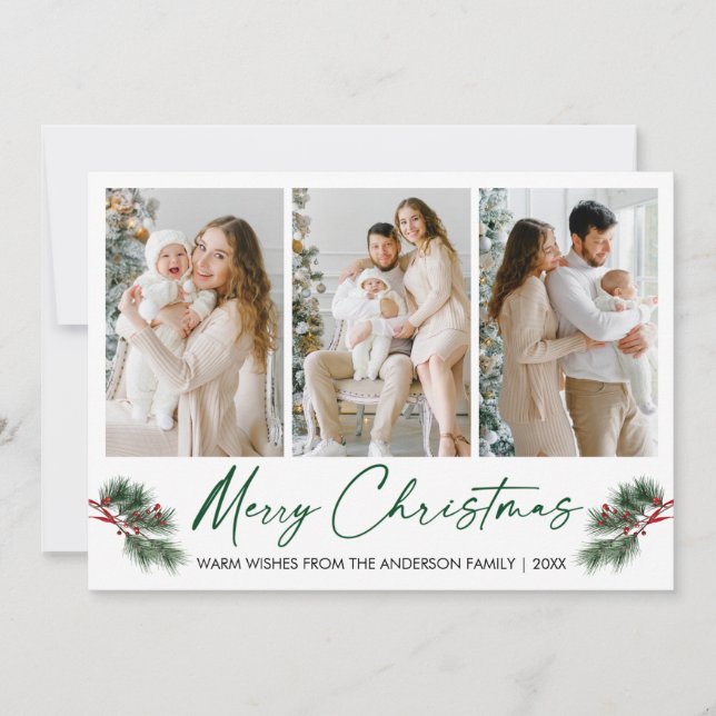 Calligraphy Green Ink Pen Watercolor Pines Berries Holiday Card (Front)