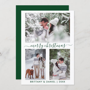 Calligraphy Green Merry Christmas 3 Photo Couple Holiday Card