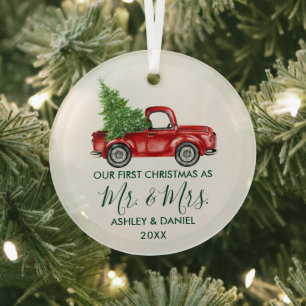 Calligraphy Green Mr. Mrs. Christmas Red Truck Glass Tree Decoration
