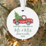 Calligraphy Green Mr. Mrs. Christmas Red Truck Ornament<br><div class="desc">Modern Calligraphy Script Our First Christmas as Mr. and Mrs. - Watercolor Vintage Red Truck Ornament - Forest Green Text</div>