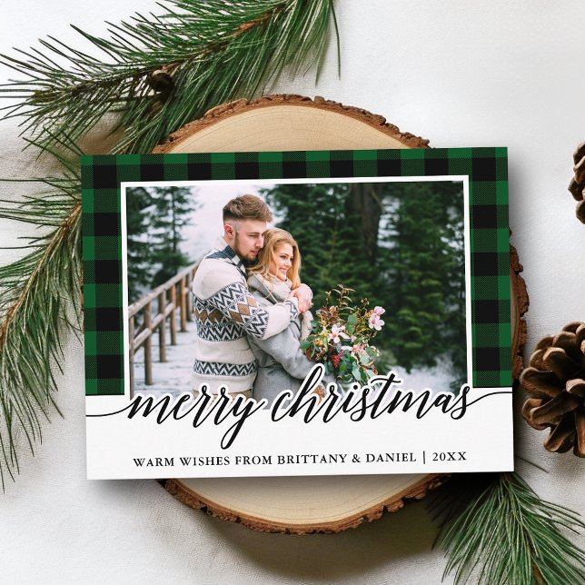 Calligraphy Green Plaid Couple Photo Christmas Postcard (Customize to change your personalized text size or text style.)