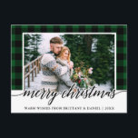 Calligraphy Green Plaid Couple Photo Christmas Postcard<br><div class="desc">Modern Calligraphy Script Green Plaid Couple Photo Christmas Postcard</div>
