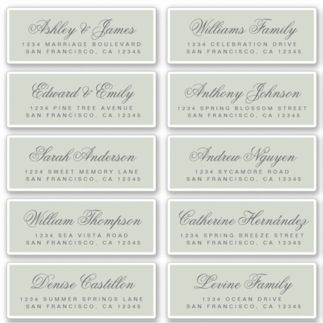 Calligraphy Green Wedding Guest Address Labels (Front)