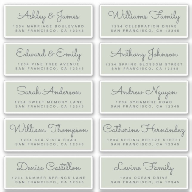 Calligraphy Green Wedding Guest Address Labels (Front)