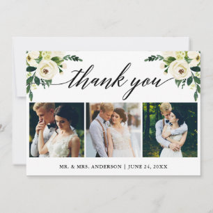 Calligraphy Green White Floral Wedding 3 Photo Thank You Card