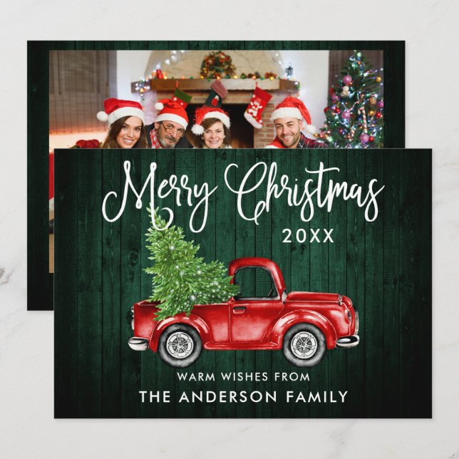 Calligraphy Green Wood Truck Christmas Photo Back Holiday Card (Front/Back)
