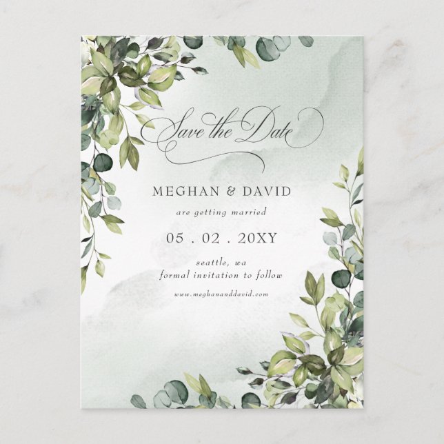 Calligraphy Greenery Eucalyptus Save the Date Announcement Postcard (Front)