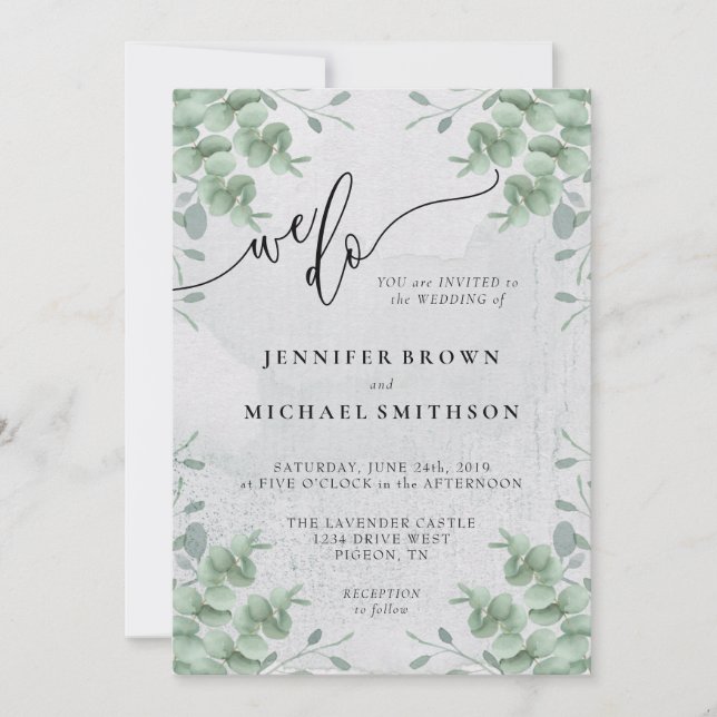 Calligraphy Greenery Eucalyptus Wedding We Do Invitation (Front)