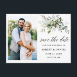 Calligraphy Greenery Save the Date Photo Postcard<br><div class="desc">Modern Calligraphy Script Elegant Watercolor Botanical Greenery Wedding Engagement Announcement Photo Save The Date Postcard includes eucalyptus leaves,  green botanical foliage,  dusty blue leaves and other beautiful botanical greenery.</div>