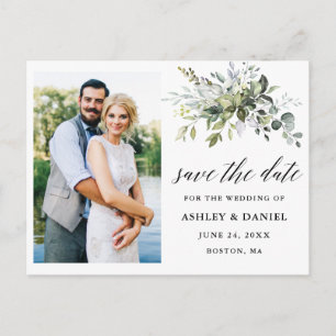 Calligraphy Greenery Save the Date Photo Postcard