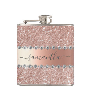 Calligraphy Handwritten Diamond Rose Gold Glitter Hip Flask