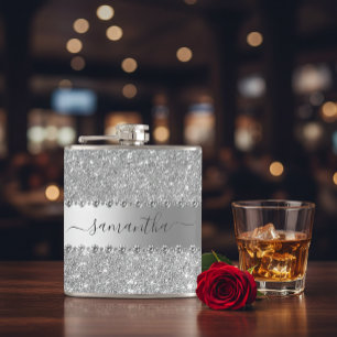Calligraphy Handwritten Diamond Rose Gold Glitter Hip Flask