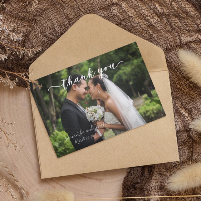 Calligraphy Handwritten Wedding Thank You Photo Card (Creator Uploaded)