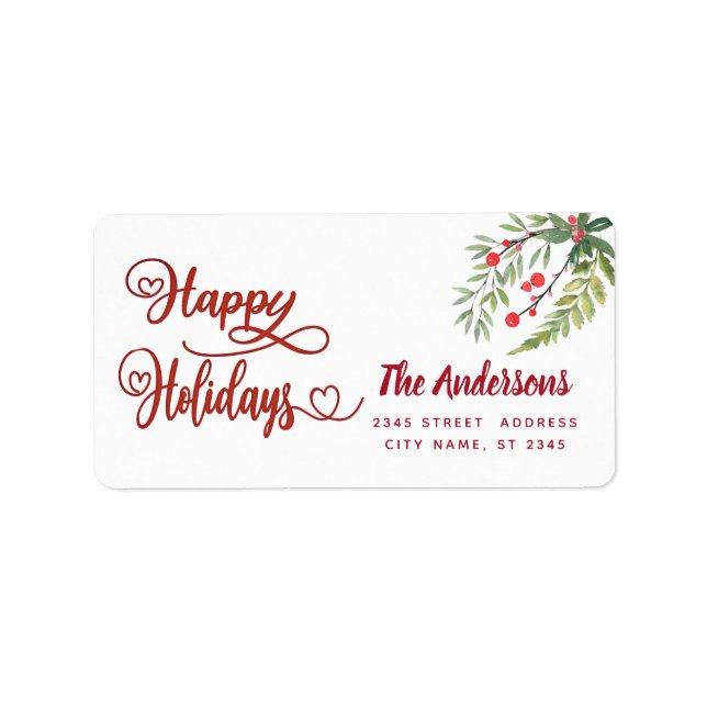 Calligraphy Happy Holidays botanical holly  Label (Front)
