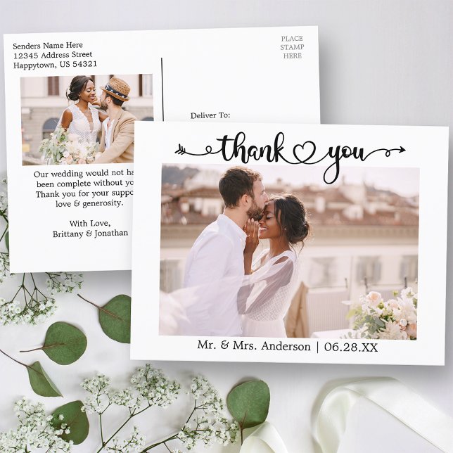 Calligraphy Heart 2 Photos Wedding Thank You Postcard (Customize to change your personalized text size or text style.)