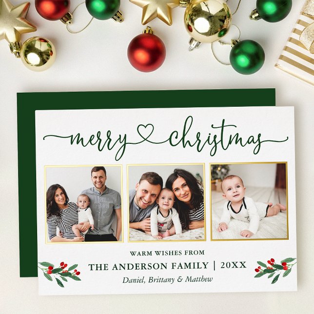 Calligraphy Heart 3 Photo Christmas Holly Gold (Gold Foil Frame Christmas Card)