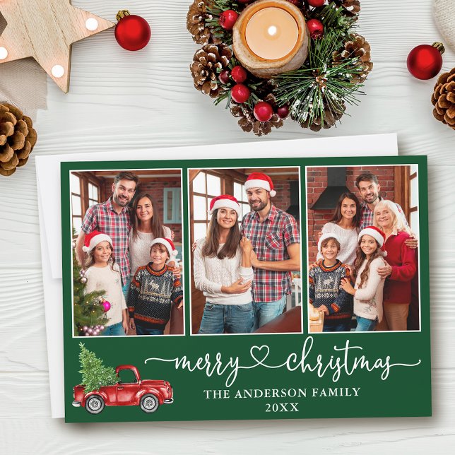 Calligraphy Heart 3 Photo Christmas Red Truck  Holiday Card (Customize to add text to back of card or to change background color of card.)