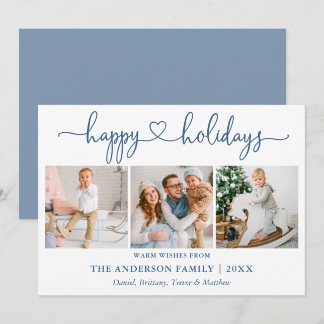 Calligraphy Heart 3 Photo Dusty Blue Holiday Card (Front/Back)