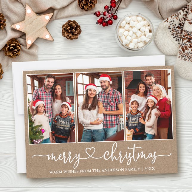 Calligraphy Heart 3 Photo Kraft Merry Christmas Holiday Card (Customize to add text to back of card.)