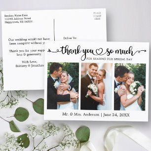 Calligraphy Heart 3 Photo Wedding Thank You Postcard