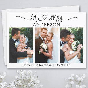 Calligraphy Heart 3 Photos Mr. and Mrs. Wedding Thank You Card