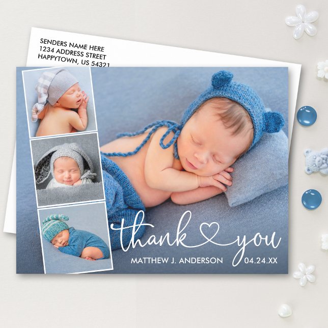 Calligraphy Heart 4 Photo Collage Baby Thank You Postcard (Customize to change your personalized text size or text style.)